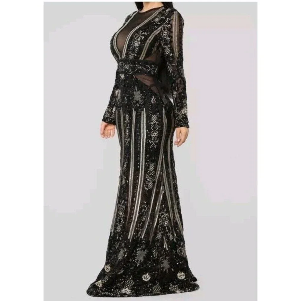 Fashion Nova Dress Black Gold Sequin Floral Embroidered Evening Gown Size Small - Picture 3 of 16